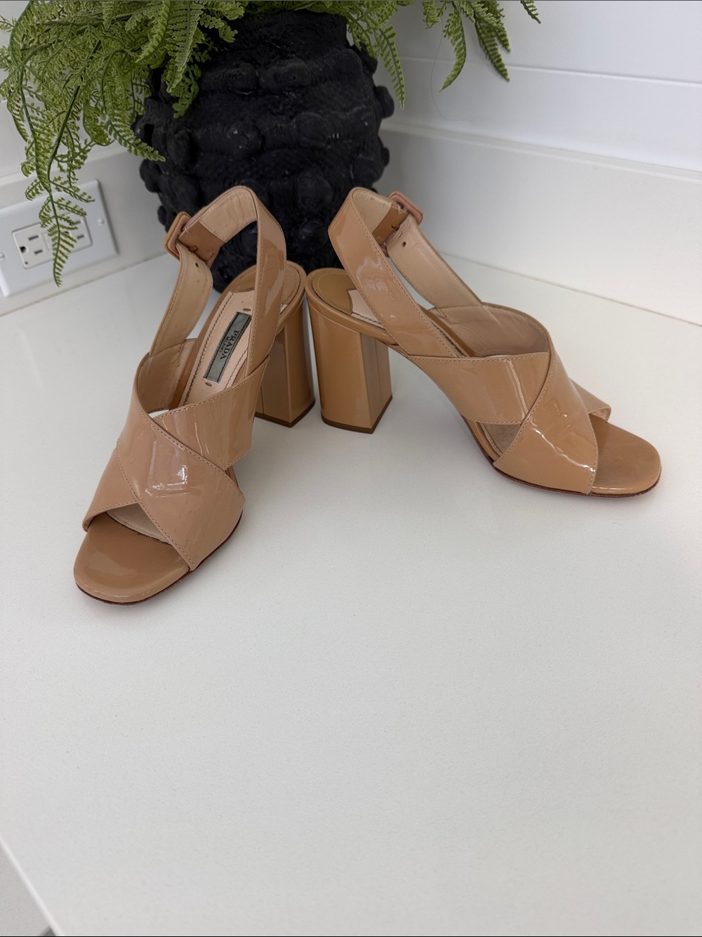 Prada Patent Crisscross Block Heel Sandals - Beige. 37